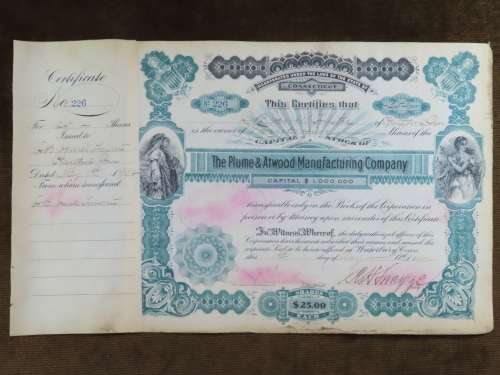 1901 Plume And Atwood Manufacturing Company, Stock Certificate, 25 Shares , 226
