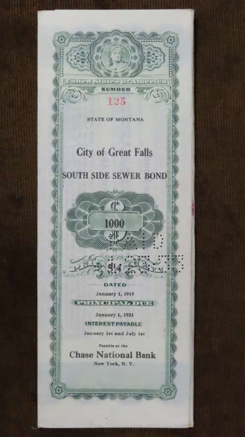 1919 City of Great Falls - South Side Sewer Bond, $1000 Bond, 125