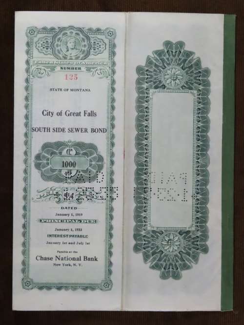 1919 City of Great Falls - South Side Sewer Bond, $1000 Bond, 125