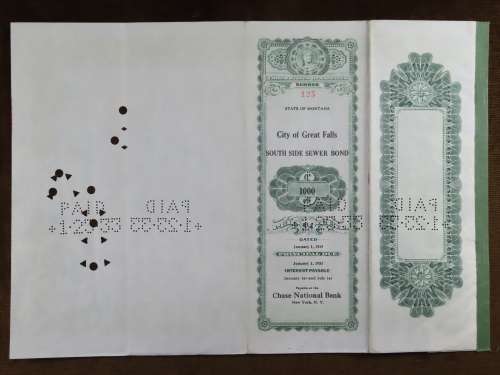 1919 City of Great Falls - South Side Sewer Bond, $1000 Bond, 125