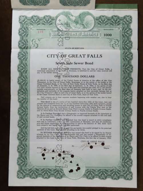 1919 City of Great Falls - South Side Sewer Bond, $1000 Bond, 125