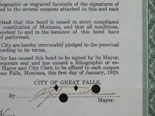 1919 City of Great Falls - South Side Sewer Bond, $1000 Bond, 125