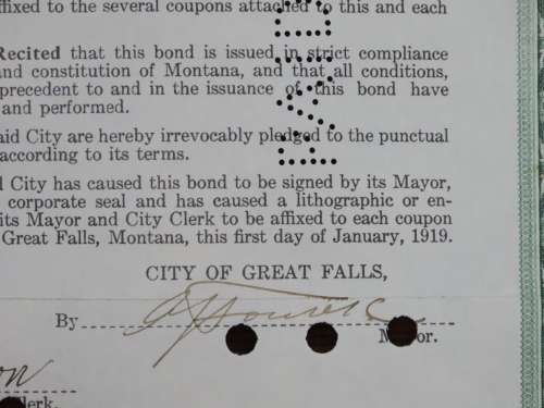 1919 City of Great Falls - South Side Sewer Bond, $1000 Bond, 85