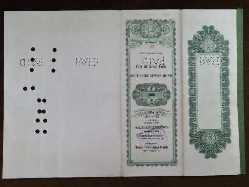 1919 City of Great Falls - South Side Sewer Bond, $1000 Bond, 85
