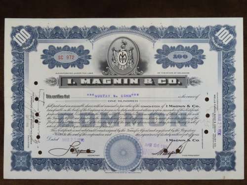 1930 I Magnin & Company , Stock Certificate, 100 Shares, SC972