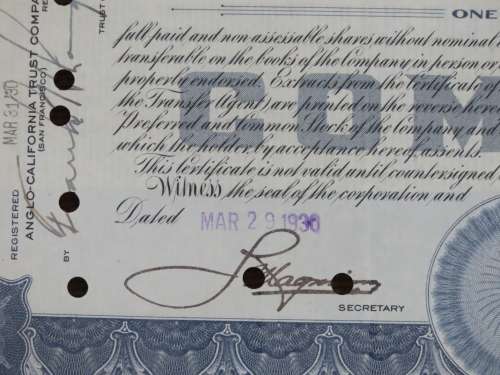 1930 I Magnin & Company , Stock Certificate, 100 Shares, SC972