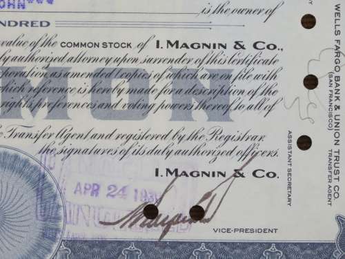 1930 I Magnin & Company , Stock Certificate, 100 Shares, SC972