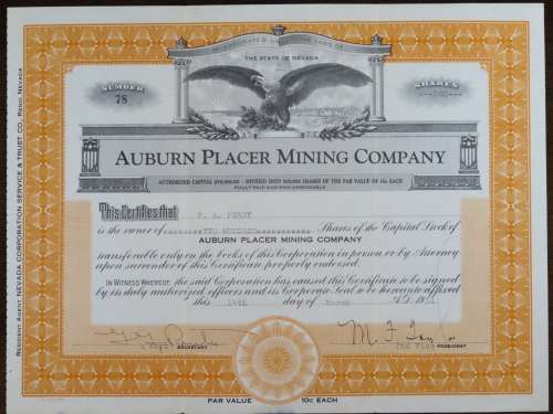 1931 Auburn Placer Mining Company, Stock Certificate, 200 Shares, 78
