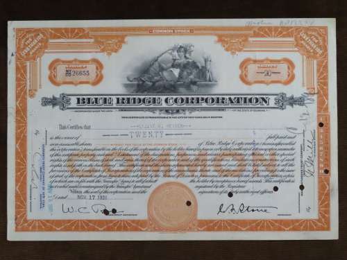 1931 Blue Ridge Corporation, Stock Certificate, 20 Shares, 26655