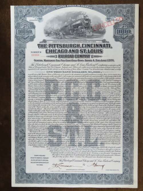 1920 Pittsburgh Cincinnati Chicago and St Louis Railroad Company, $1000 Gold Bond Certificate 10161