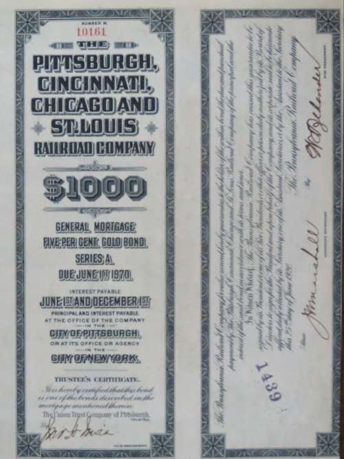 1920 Pittsburgh Cincinnati Chicago and St Louis Railroad Company, $1000 Gold Bond Certificate 10161