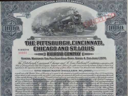 1920 Pittsburgh Cincinnati Chicago and St Louis Railroad Company, $1000 Gold Bond Certificate 10161