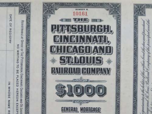 1920 Pittsburgh Cincinnati Chicago and St Louis Railroad Company, $1000 Gold Bond Certificate 10161