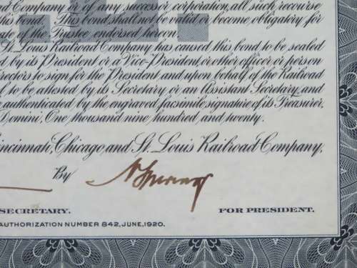 1920 Pittsburgh Cincinnati Chicago and St Louis Railroad Company, $1000 Gold Bond Certificate 10161