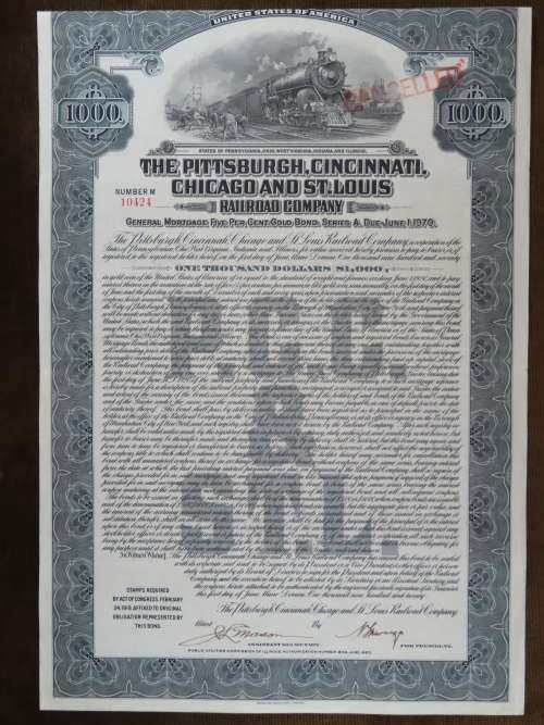 1920 Pittsburgh Cincinnati Chicago and St Louis Railroad Company, $1000 Gold Bond Certificate 10424