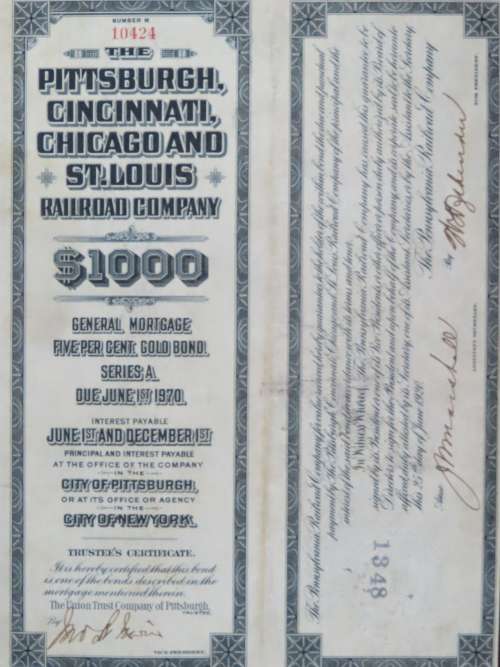 1920 Pittsburgh Cincinnati Chicago and St Louis Railroad Company, $1000 Gold Bond Certificate 10424