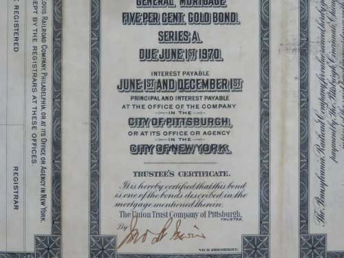 1920 Pittsburgh Cincinnati Chicago and St Louis Railroad Company, $1000 Gold Bond Certificate 10424