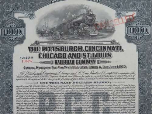 1920 Pittsburgh Cincinnati Chicago and St Louis Railroad Company, $1000 Gold Bond Certificate 10424
