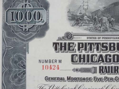 1920 Pittsburgh Cincinnati Chicago and St Louis Railroad Company, $1000 Gold Bond Certificate 10424