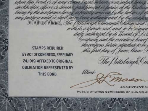 1920 Pittsburgh Cincinnati Chicago and St Louis Railroad Company, $1000 Gold Bond Certificate 10424