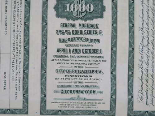 1944 Pittsburgh Cincinnati Chicago and St Louis Railroad Company, $1000 Bond Certificate 2466