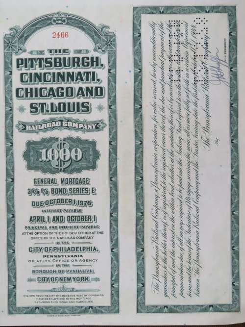 1944 Pittsburgh Cincinnati Chicago and St Louis Railroad Company, $1000 Bond Certificate 2466