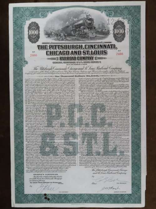 1944 Pittsburgh Cincinnati Chicago and St Louis Railroad Company, $1000 Bond Certificate 2466