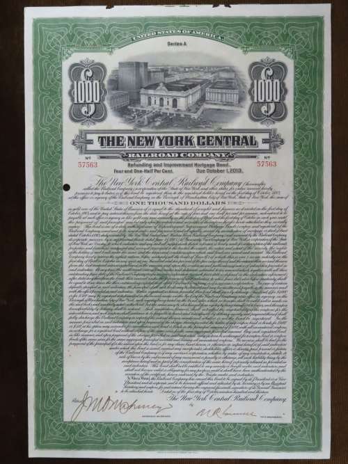1913 The New York Central Railroad Company, $1000 Bond Certificate 57563
