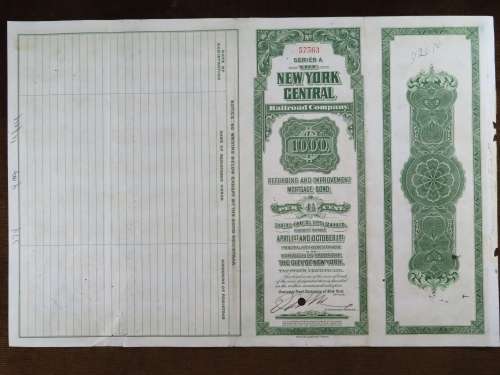 1913 The New York Central Railroad Company, $1000 Bond Certificate 57563