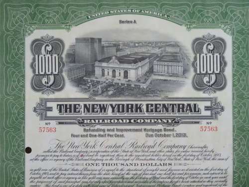 1913 The New York Central Railroad Company, $1000 Bond Certificate 57563