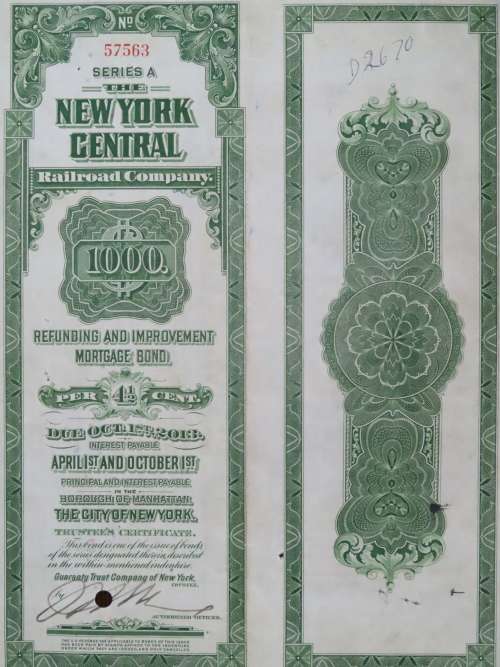 1913 The New York Central Railroad Company, $1000 Bond Certificate 57563