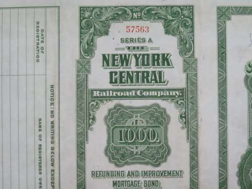 1913 The New York Central Railroad Company, $1000 Bond Certificate 57563