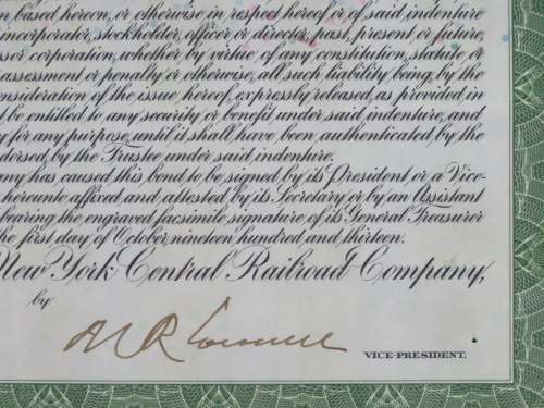 1913 The New York Central Railroad Company, $1000 Bond Certificate 57563