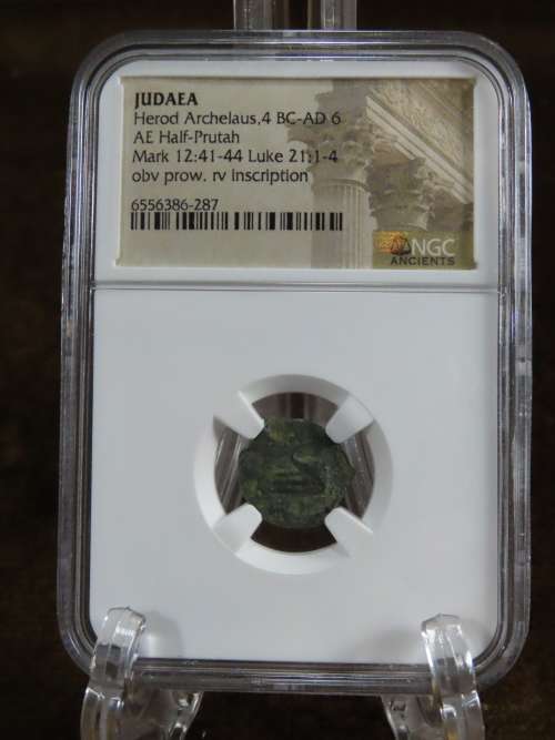 Ancient Judaea Half Prutat Coin, 4 BC NGC Herod Archelaus