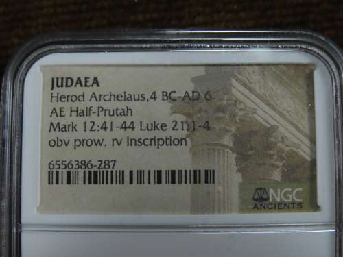 Ancient Judaea Half Prutat Coin, 4 BC NGC Herod Archelaus