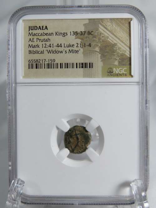 Ancient Judaea Widow`s Mite Coin, 135 to 37 BC NGC, Maccabean Kings Coins Of The Bible