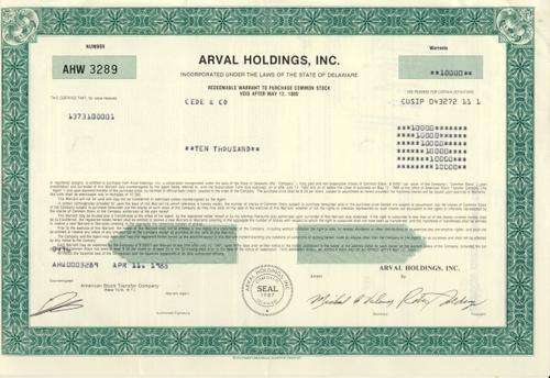 Arval Holdings Stock Certificate , 10 000 Shares , 1988