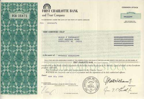 First Charlotte Bank Stock Certificate , 300 Shares , 1988