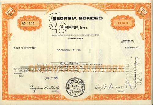 Georgia Bonded Fibres Stock Certificate , 100 Shares , 1970