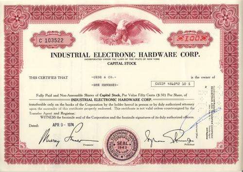 Industrial Electronic Hardware Stock Certificate , 100 Shares , 1974