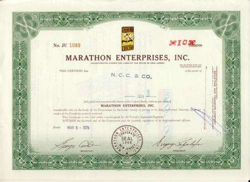Marathon Enterprises Stock Certificate , 10 Shares , 1974