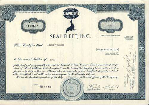 Seal Fleet Stock Certificate , 5 Shares , 1979