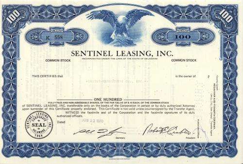 Sentinel Leasing Stock Certificate , 100 Shares , 1970