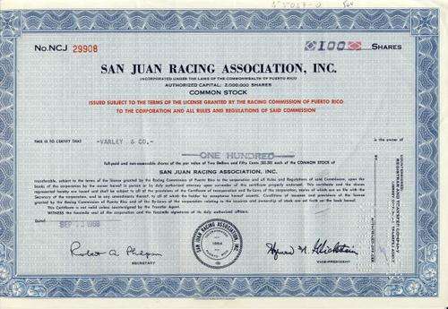 San Juan Racing Stock Certificate , 100 Shares , 1968