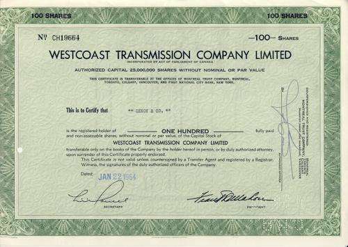 Westcaost Transmission Stock Certificate , 100 Shares , 1964