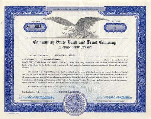 Community State Bank Stock Certificate , 4 Shares , 1969