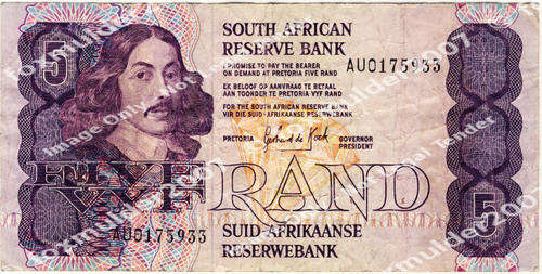 R5 , G.P.C. de Kock , 3rd series, Five Rand note, 1989, no reserve