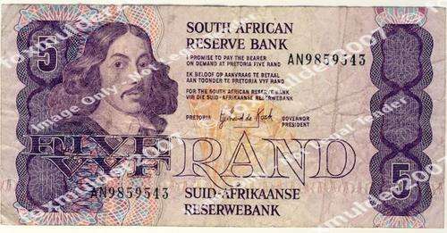 R5 , G.P.C. de Kock , 3rd series, Five Rand note, 1989, no reserve