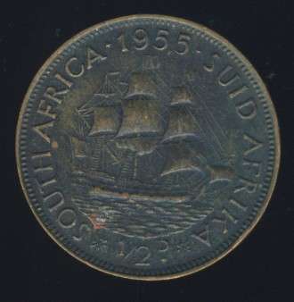 1955 Half Penny coin, 1/2d , South Africa, George VI , No reserve