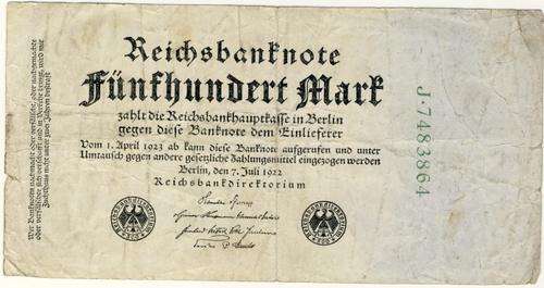 Germany - 500 Mark, 1922 , Five Hundred Mark, p74 Green Variant